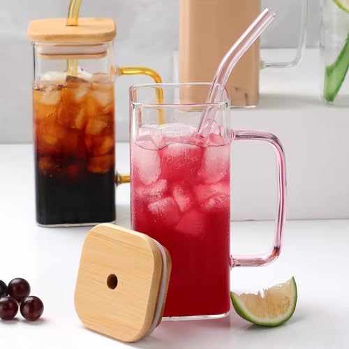 ZROY ENTERPRISE Glass Cups with Colored Handle, 400 ml Drinking Glasses Bamboo Lids and Glass Straws for Juice, Iced Coffee, Milk, Bubble Tea, Beer Home & Travel Cup (1, Wooden Lid Square) - Image 1