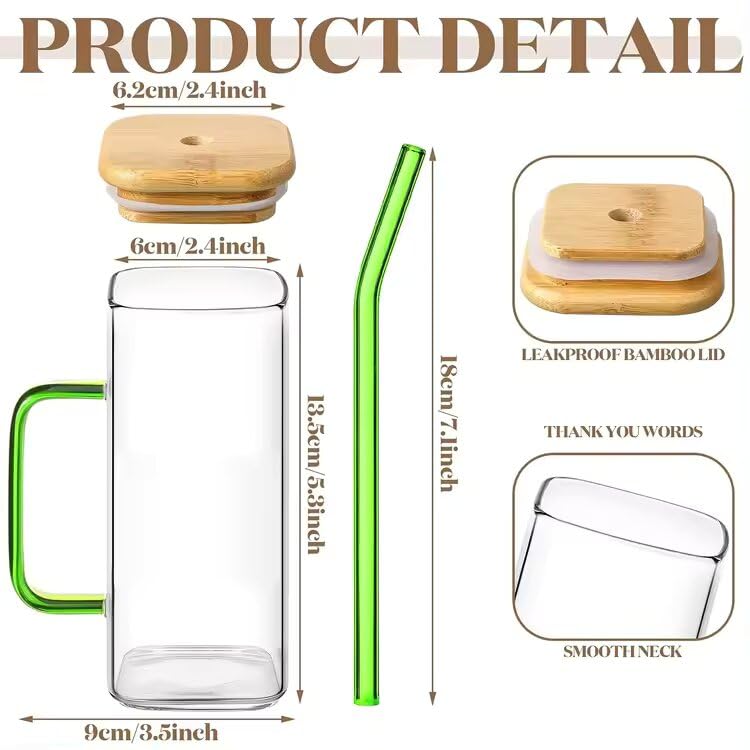 ZROY ENTERPRISE Glass Cups with Colored Handle, 400 ml Drinking Glasses Bamboo Lids and Glass Straws for Juice, Iced Coffee, Milk, Bubble Tea, Beer Home & Travel Cup (1, Wooden Lid Square) - Image 2