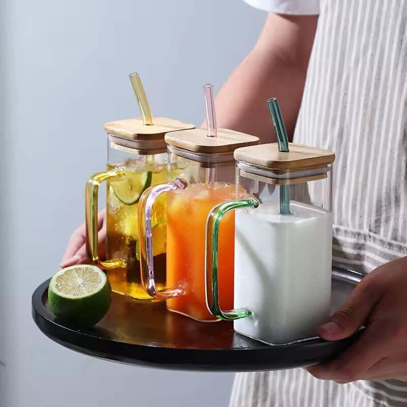 ZROY ENTERPRISE Glass Cups with Colored Handle, 400 ml Drinking Glasses Bamboo Lids and Glass Straws for Juice, Iced Coffee, Milk, Bubble Tea, Beer Home & Travel Cup (1, Wooden Lid Square) - Image 4