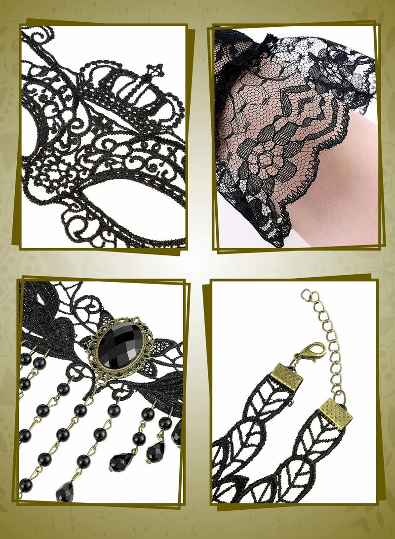 Venetian Masquerade Masks, Black Choker Lace Necklace Lace Pattern Gloves Set for Women  - Image 5