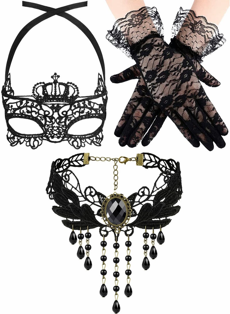 Venetian Masquerade Masks, Black Choker Lace Necklace Lace Pattern Gloves Set for Women  - Image 1