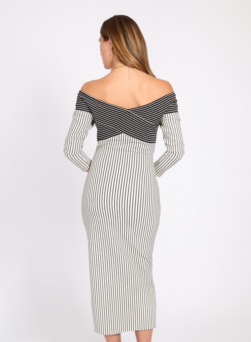 Little Mistress Monochrome Striped Textured Midi Dress  - Image 3