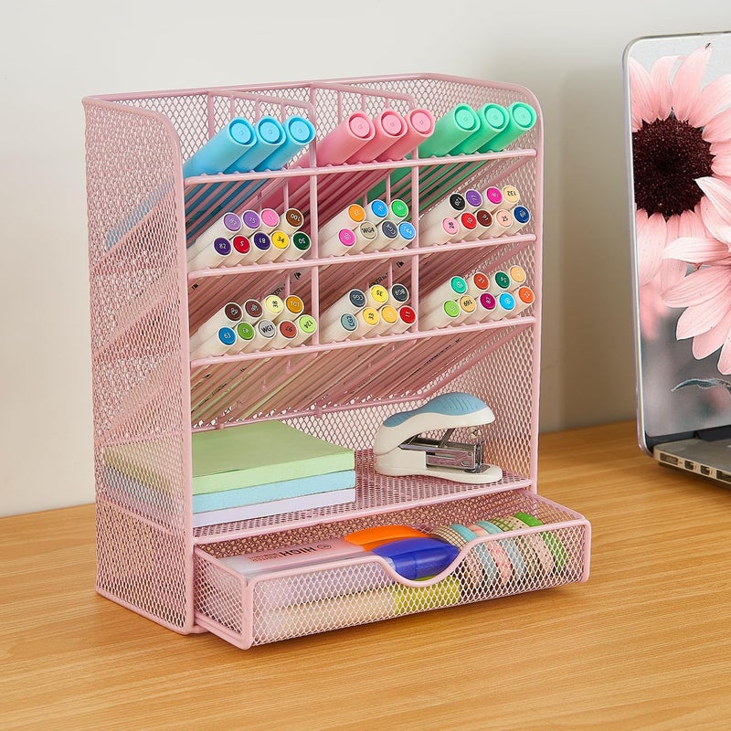 Spacrea Pen Holder Desk Organizer - Desk Organizers and Accessories, Pencil Holder with 10 Compartments and 1 Drawerï¼ˆPinkï¼‰ - Image 2