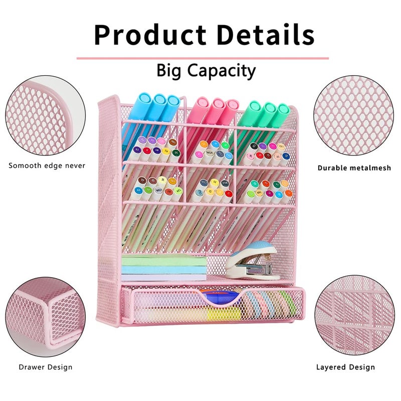 Spacrea Pen Holder Desk Organizer - Desk Organizers and Accessories, Pencil Holder with 10 Compartments and 1 Drawerï¼ˆPinkï¼‰ - Image 3
