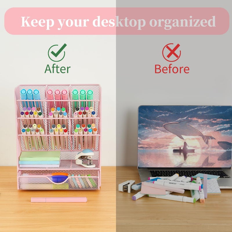 Spacrea Pen Holder Desk Organizer - Desk Organizers and Accessories, Pencil Holder with 10 Compartments and 1 Drawerï¼ˆPinkï¼‰ - Image 5