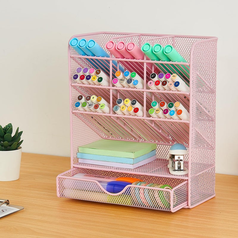Spacrea Pen Holder Desk Organizer - Desk Organizers and Accessories, Pencil Holder with 10 Compartments and 1 Drawerï¼ˆPinkï¼‰ - Image 4