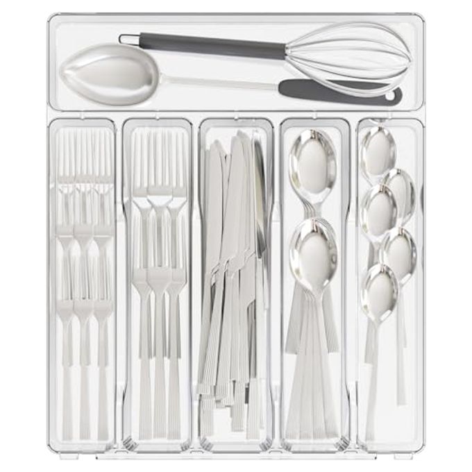 Yieach Clear Large Silverware Organizer 12 inch Wide for Kitchen Drawers,BPA Free Silverware Trays,Plastic Silverware Dividers & Holder,Utensil and Flatware Drawer Organizer Suitable for Fork,Spoon - Image 1