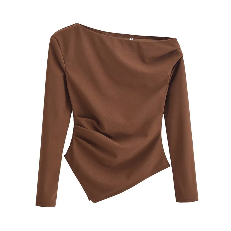 European and American style womens asymmetric stretch slim fashion top 2024 autumn and winter new open shoulder long sleeve top 520175 Brown slanted shoulders