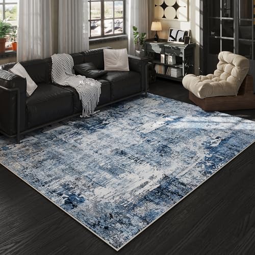Rugcomf Area Rug 5x7 Washable Rug Boho Soft Abstract Pattern NonSlip NonShedding Faux Wool Vintage for Living Room Bedroom Farmhouse Dining Room Indoor Kids Playroom Blue