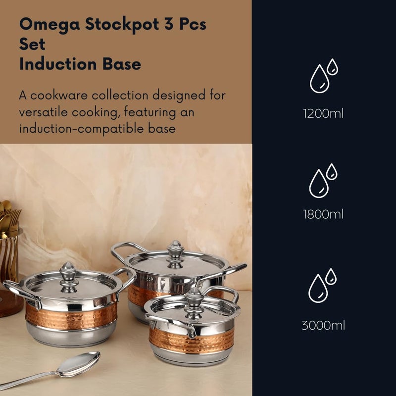 Chakmak Omega Stockpot 3 Pcs Set | Induction Base | Stainless Steel | Hammered Design | Pot Set for Kitchen | Perfect for Cooking & Serving (3Pcs) - Image 2