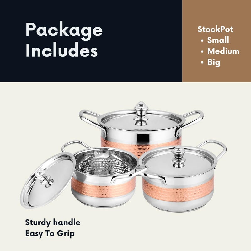 Chakmak Omega Stockpot 3 Pcs Set | Induction Base | Stainless Steel | Hammered Design | Pot Set for Kitchen | Perfect for Cooking & Serving (3Pcs) - Image 4