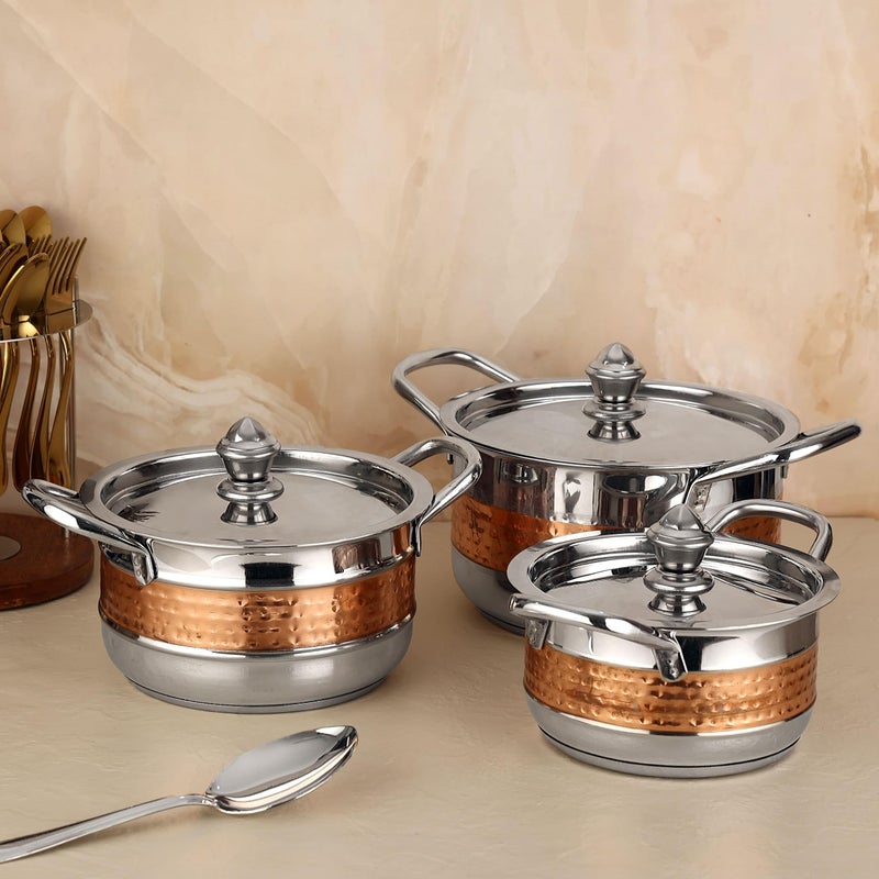 Chakmak Omega Stockpot 3 Pcs Set | Induction Base | Stainless Steel | Hammered Design | Pot Set for Kitchen | Perfect for Cooking & Serving (3Pcs) - Image 1