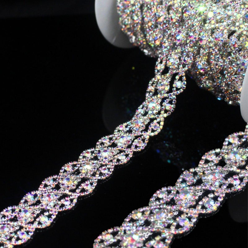 PEARLY JUN 1 Yard Rhinestone Trim Chain Silver AB Diamond Applique Crystal Ribbon Fringe String for Wedding Dress Straps Sewing Clothes Accessory Crafts Bedazzling Embellishments - Image 1