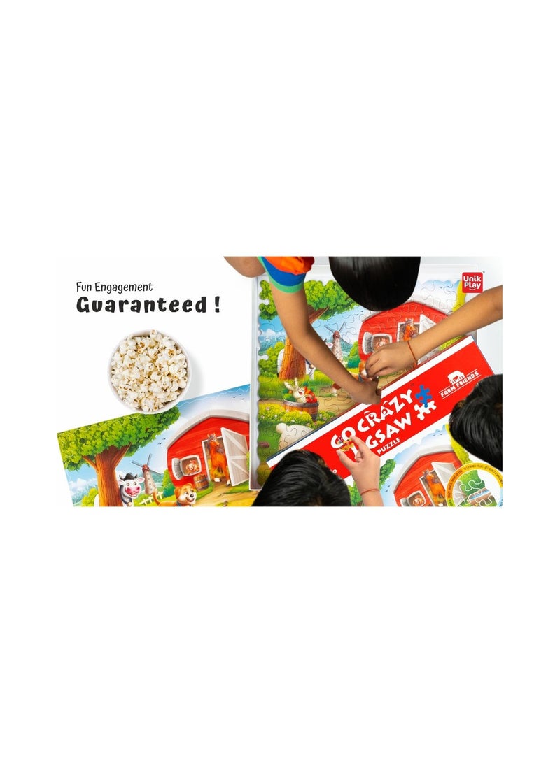 UnikPlay Go Crazy Jigsaw Puzzle For Kids And Adults, Attractive Cartoon Print Puzzle With 2 Puzzle Trays For Age 6 To 99 Years-90 Pcs-(Farm Friends)Farm - Image 1