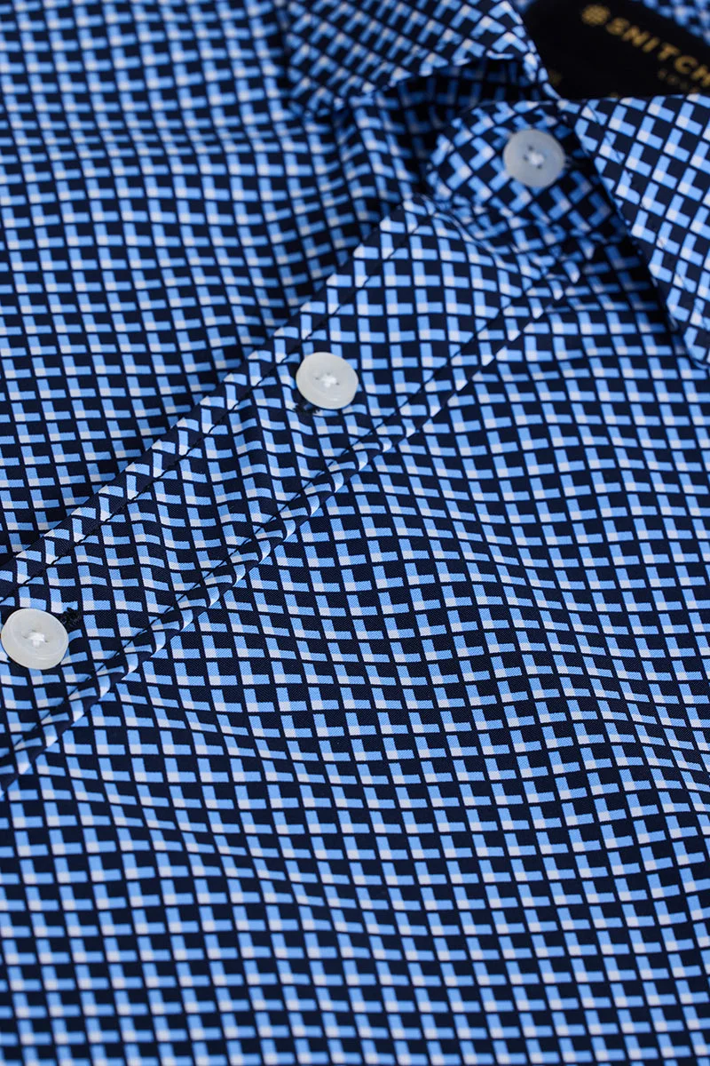 SNITCH Dark Blue Geometric Long Sleeve Slim Fit Shirt
