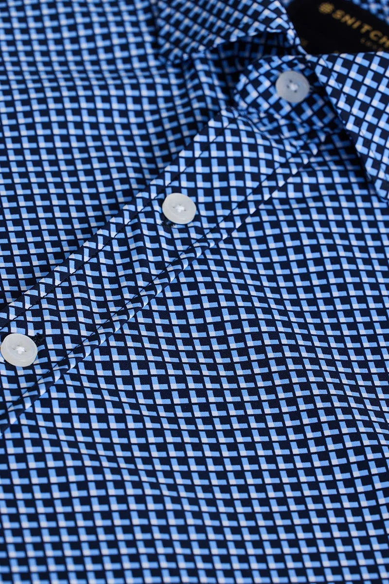 سنيتش Dark Blue Geometric Long Sleeve Slim Fit Shirt