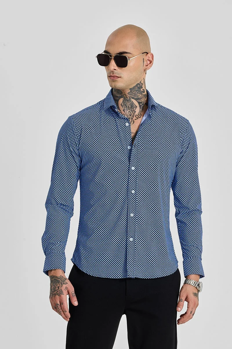 سنيتش Dark Blue Geometric Long Sleeve Slim Fit Shirt