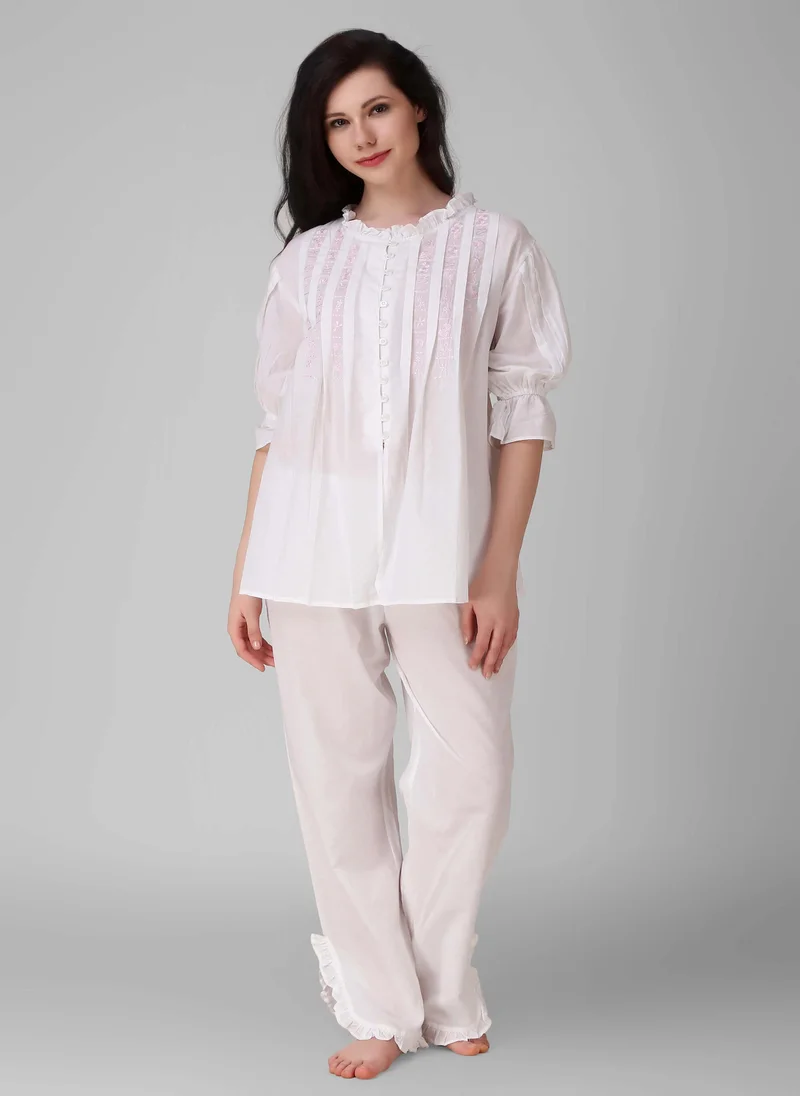 افتر دارك Trudy, Loose Fit Embroidered Cotton Shirt & Pyjama Set