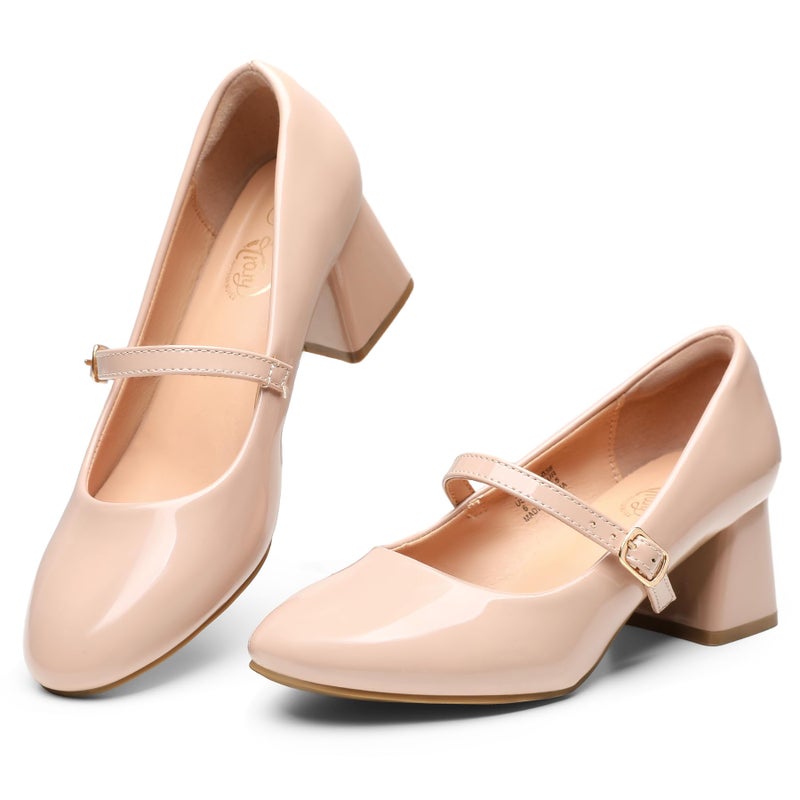 Trary Mary Jane Shoes Women, Chunky Mary Janes Heels Shoes Dressy Casual, Block Heels Closed Toe Mary Jane Pumps Nude - Image 1
