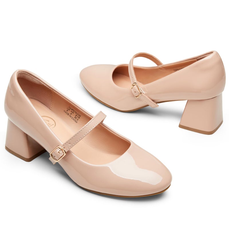 Trary Mary Jane Shoes Women, Chunky Mary Janes Heels Shoes Dressy Casual, Block Heels Closed Toe Mary Jane Pumps Nude - Image 4