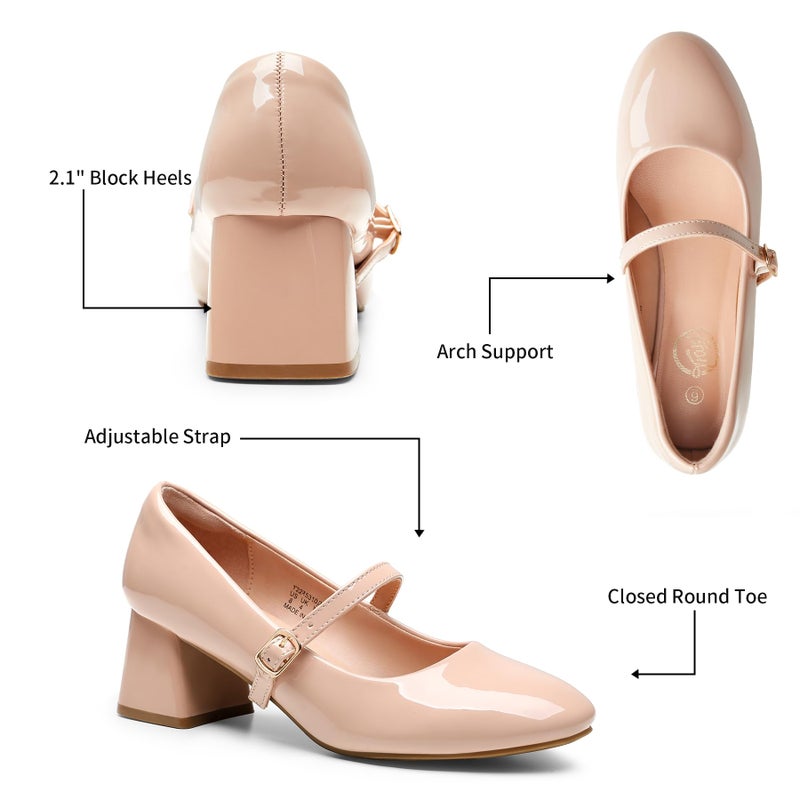 Trary Mary Jane Shoes Women, Chunky Mary Janes Heels Shoes Dressy Casual, Block Heels Closed Toe Mary Jane Pumps Nude - Image 5
