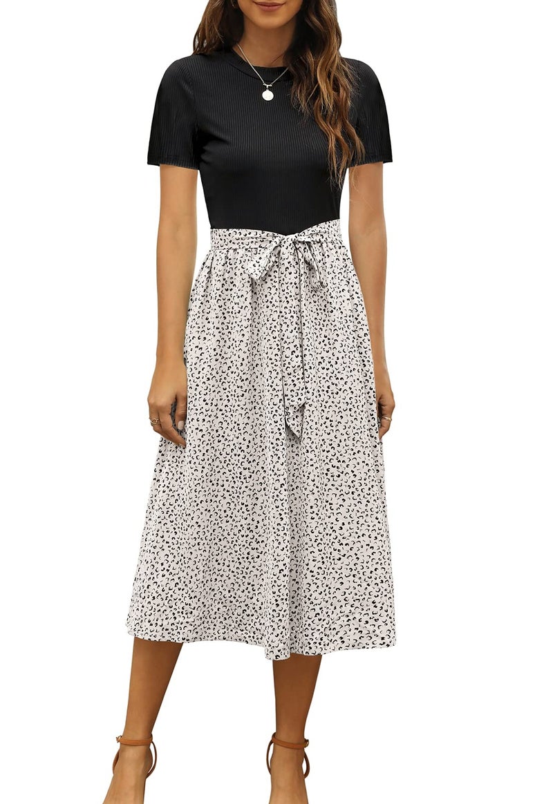 Zattcas Women 2025 Summer Dress Short Sleeve Ribbed Teacher Church Modest Casual Business Work Outfits Midi Dresses with Pockets Black L - Image 1
