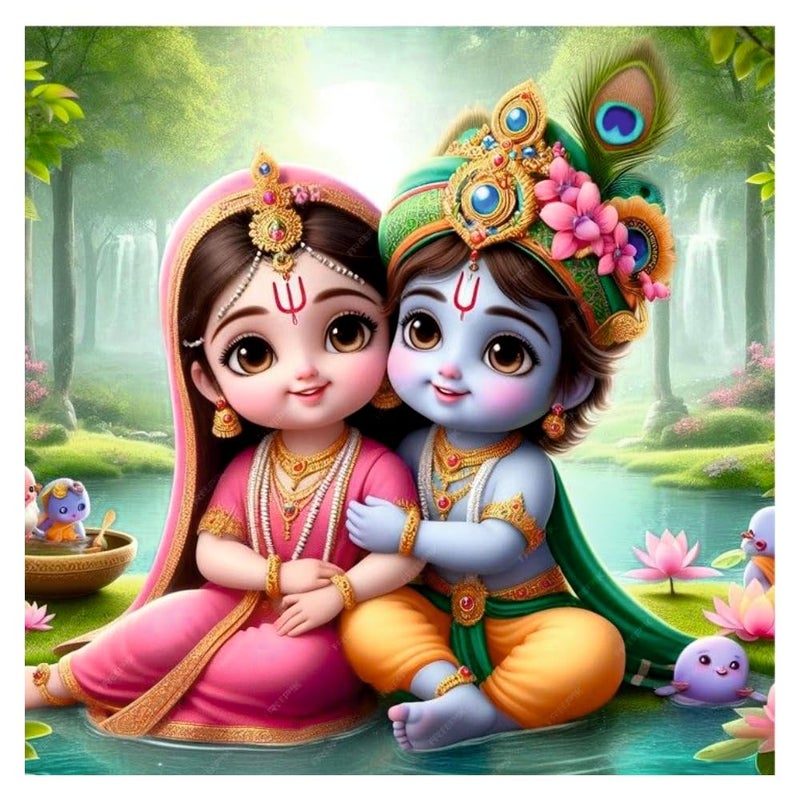 Sky Flying Lord Little Blue Krishna Flower Mukhut And Radha Wall Poster For Living Room Kids Room Office Size 41Cm X 41Cm Vinyl