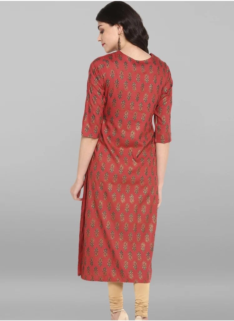 IndHeritage - IndHeritage - Eid kurti collection - Premium rayon kurti - Diwali collection - Diwali kurti - Red colour women's kurti / kurta with golden Indian prints - Indian Kurti IDH00013 - Image 1