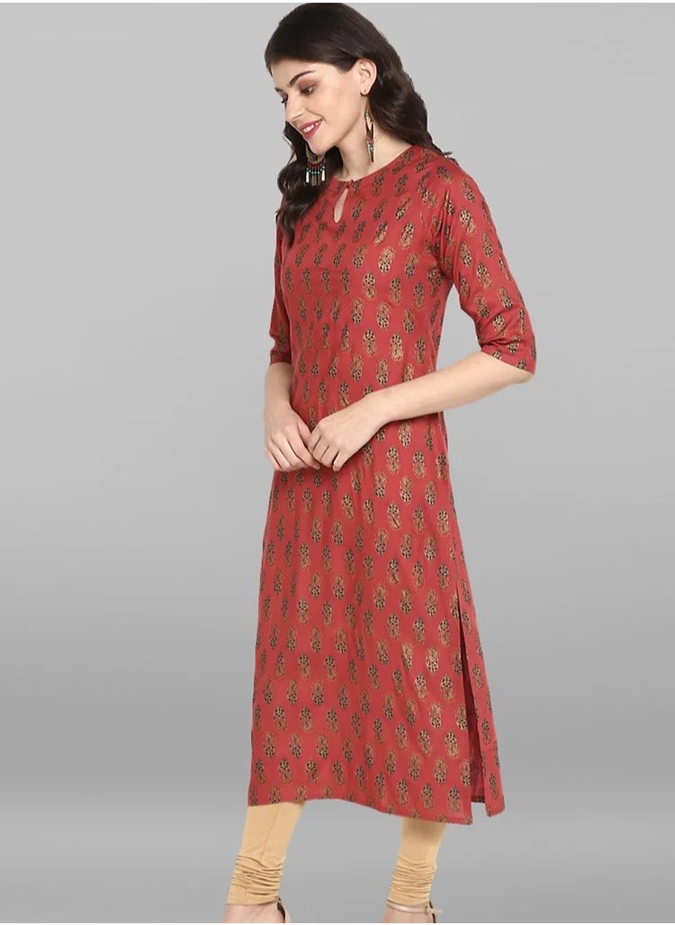 IndHeritage - IndHeritage - Eid kurti collection - Premium rayon kurti - Diwali collection - Diwali kurti - Red colour women's kurti / kurta with golden Indian prints - Indian Kurti IDH00013 - Image 1