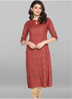 IndHeritage - Eid kurti collection - Premium rayon kurti - Diwali collection - Diwali kurti - Red colour women's kurti / kurta with golden Indian prints - Indian Kurti IDH00013