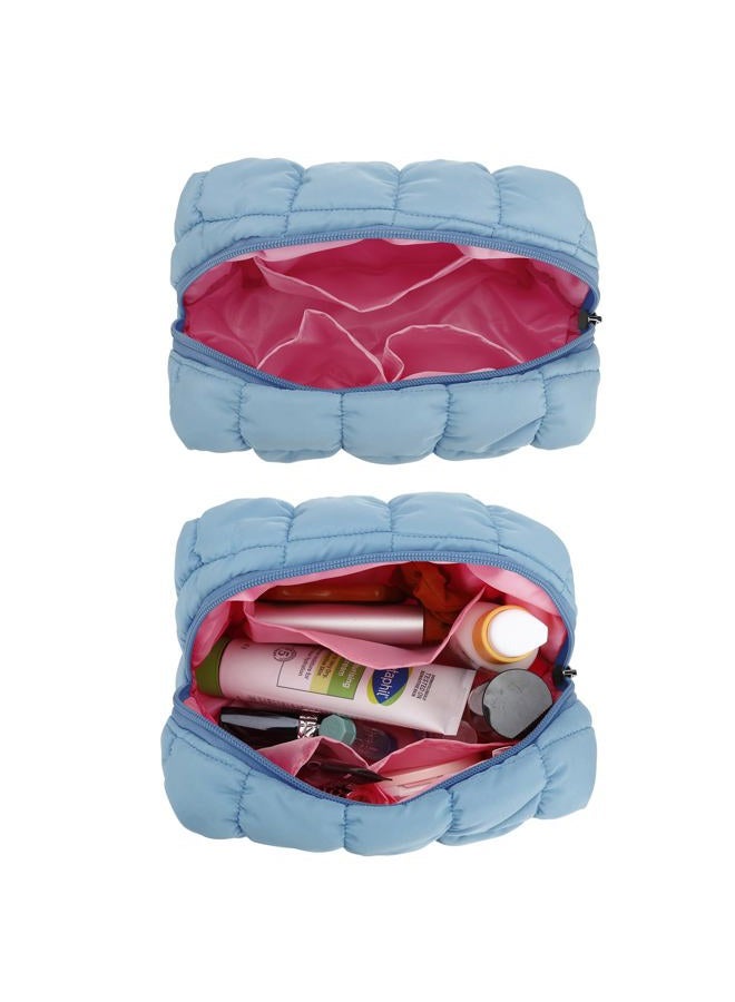 E-Tree Cute Makeup Bag,Quilted Cosmetic Bag,Make up Pouch for Purse,Toiletry Zipper Pouch,Checkered Bag,Travel Case,Storage Pouches for Organization, Blue, 7.5“ x 5.5” x 3.5“, Quilted Cosmetic Bag - Image 3