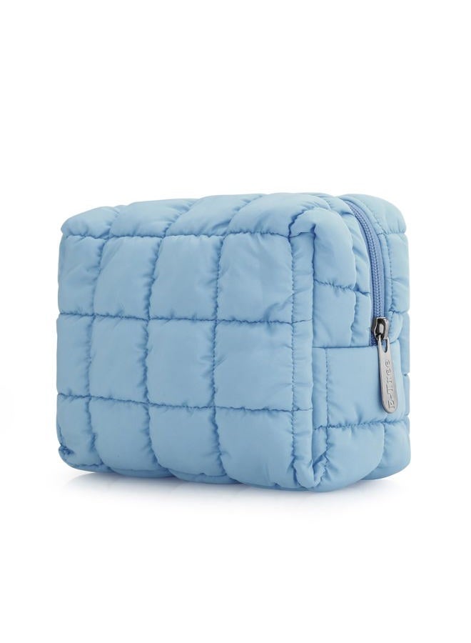 E-Tree Cute Makeup Bag,Quilted Cosmetic Bag,Make up Pouch for Purse,Toiletry Zipper Pouch,Checkered Bag,Travel Case,Storage Pouches for Organization, Blue, 7.5“ x 5.5” x 3.5“, Quilted Cosmetic Bag - Image 1