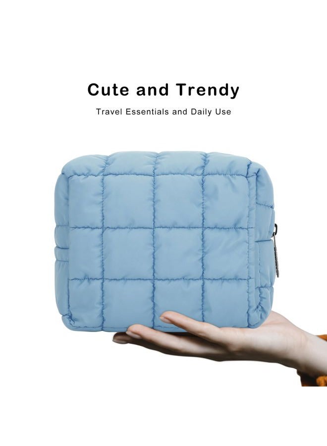 E-Tree Cute Makeup Bag,Quilted Cosmetic Bag,Make up Pouch for Purse,Toiletry Zipper Pouch,Checkered Bag,Travel Case,Storage Pouches for Organization, Blue, 7.5“ x 5.5” x 3.5“, Quilted Cosmetic Bag - Image 5