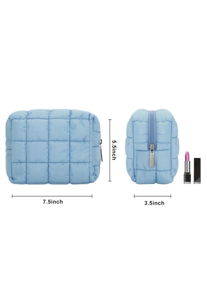 E-Tree Cute Makeup Bag,Quilted Cosmetic Bag,Make up Pouch for Purse,Toiletry Zipper Pouch,Checkered Bag,Travel Case,Storage Pouches for Organization, Blue, 7.5“ x 5.5” x 3.5“, Quilted Cosmetic Bag - Image 4
