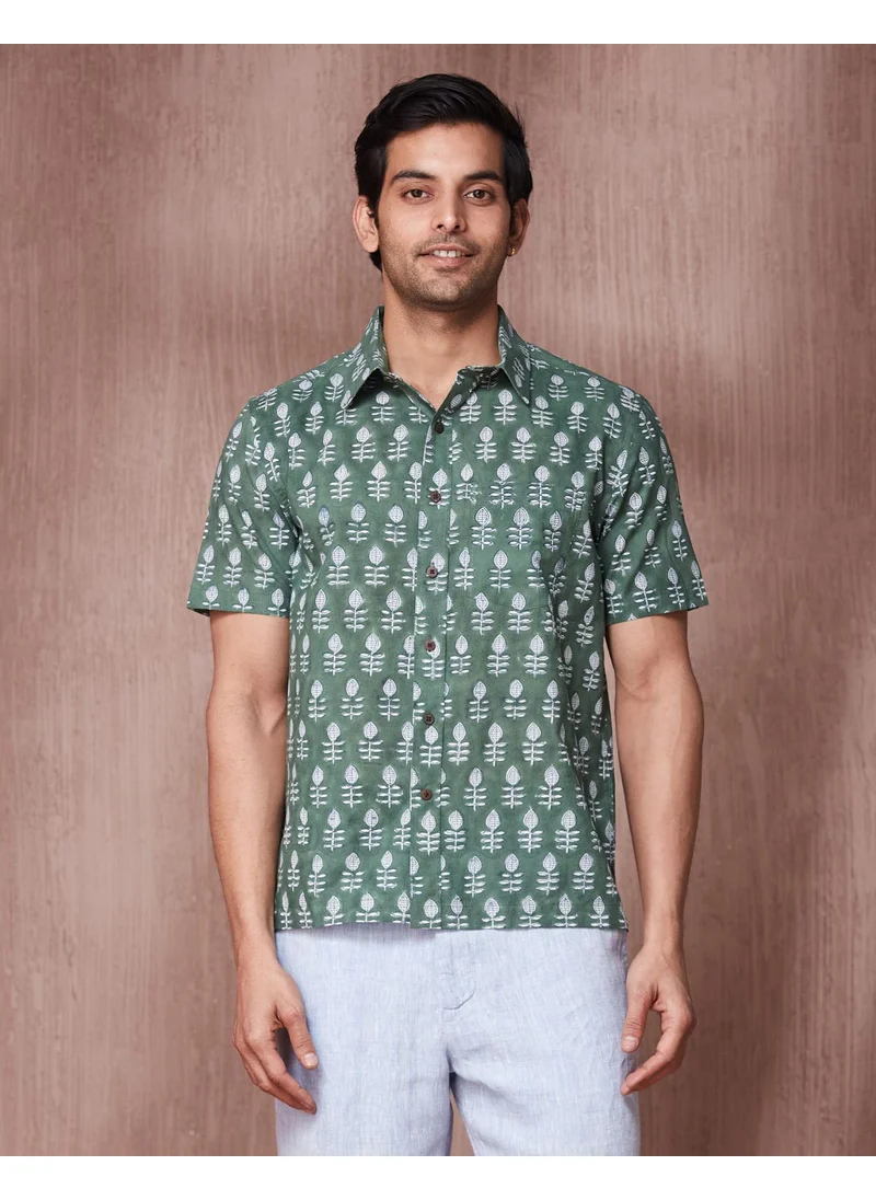 Fabindia Green Cotton Bagru Printed Shirt
