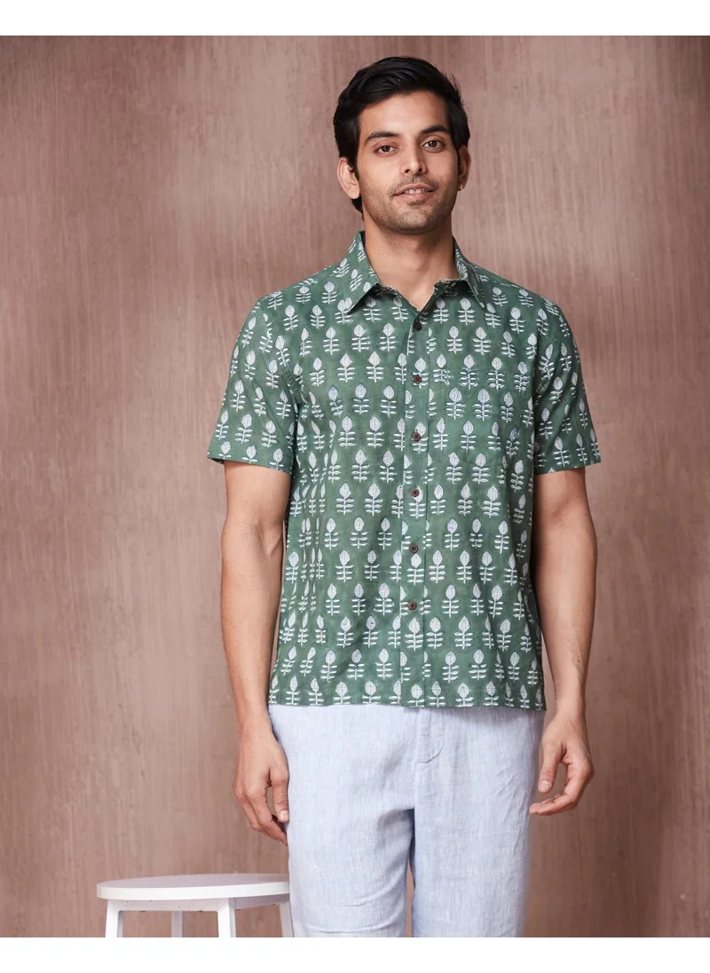 Fabindia Green Cotton Bagru Printed Shirt