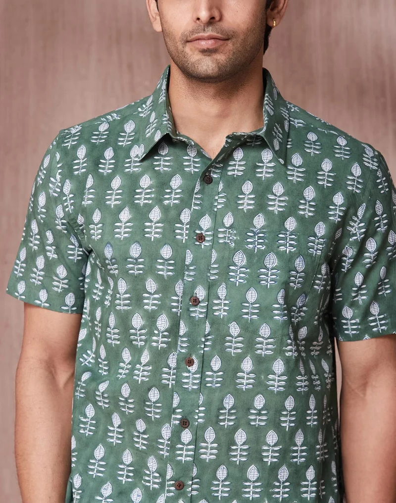 Fabindia Green Cotton Bagru Printed Shirt