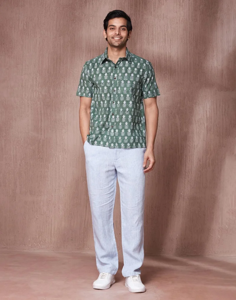 Fabindia Green Cotton Bagru Printed Shirt