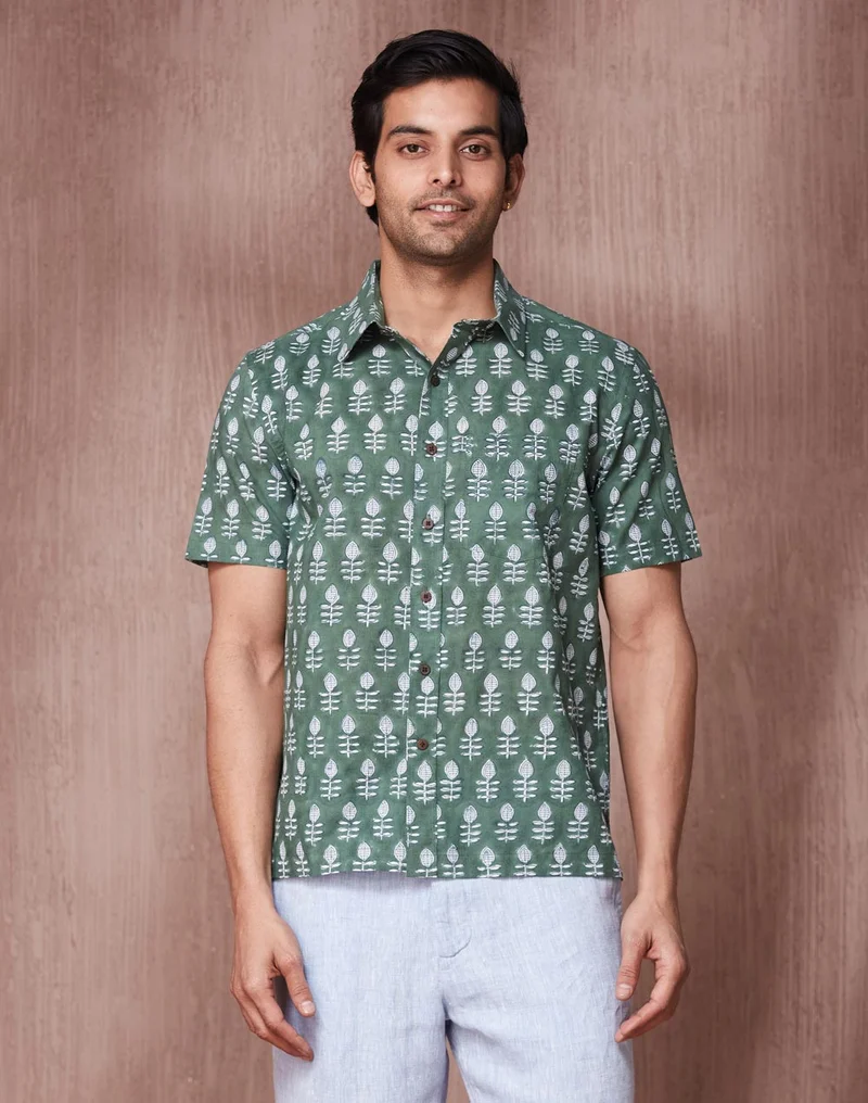 Fabindia Green Cotton Bagru Printed Shirt