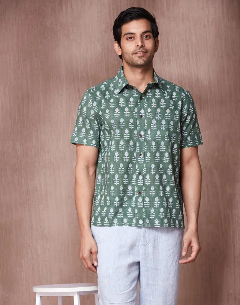 Fabindia Green Cotton Bagru Printed Shirt