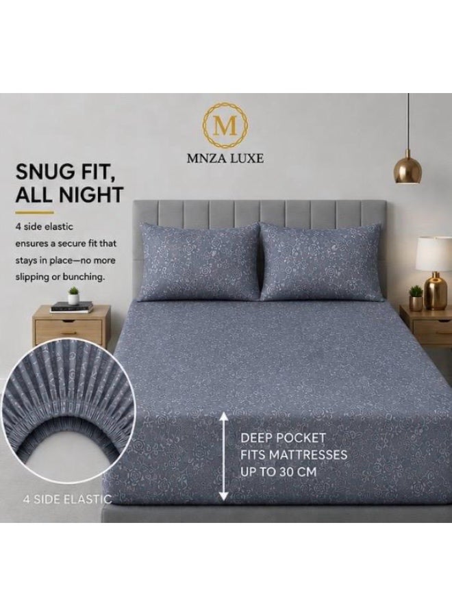 طقم ملاءة سرير مطاطية فاخر من الألياف الدقيقة بتصميم زهري من MNZA LUXE، يشمل ملاءة مطاطية واحدة وغطاءي وسادة | فائق النعومة، قابل للتهوية، ومقاوم للتجاعيد | اللون الرمادي الداكن - Image 1