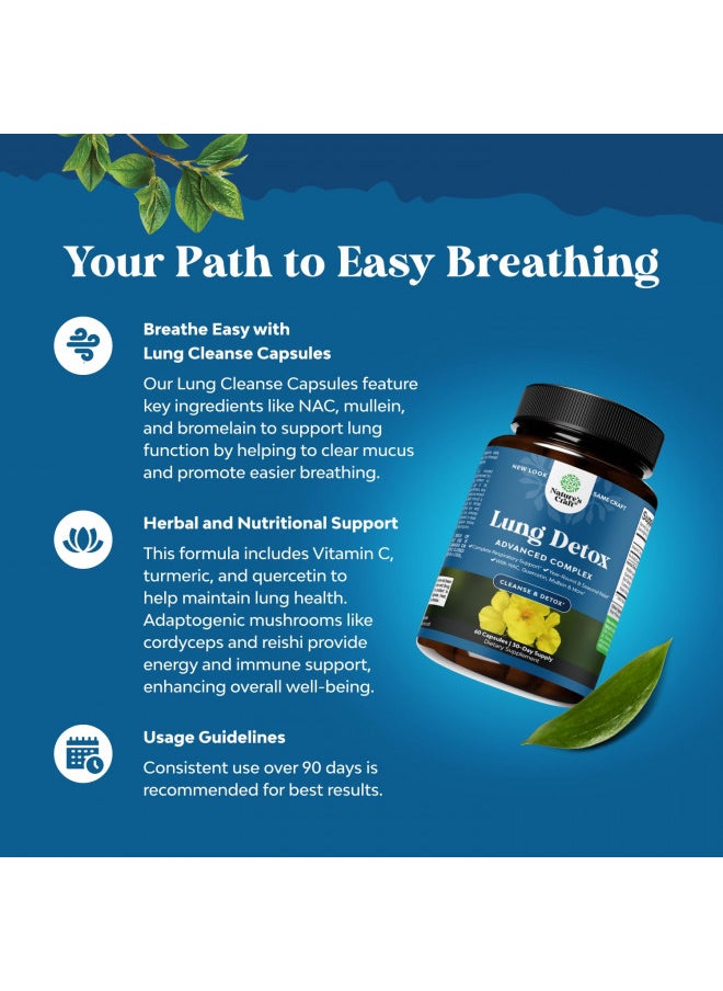 Lung Detox Mullein Leaf Capsules - Purifying Mullein Lung Cleanse Complex with NAC Quercetin & Cordyceps Extracts - Mullein Leaf Herb Respiratory Supplement for Sinus Immunity & Breathing Support