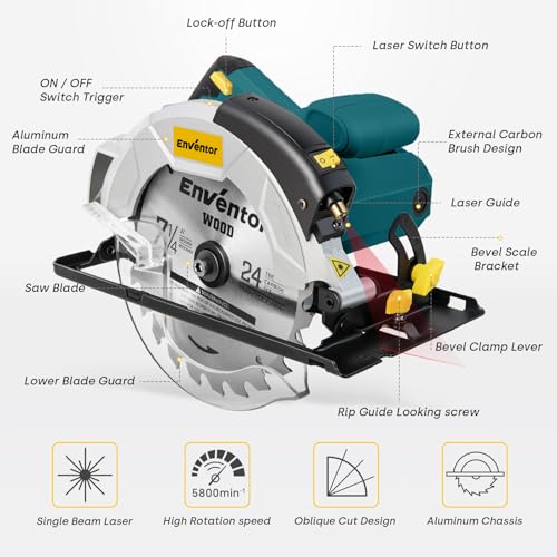Enventor 7-1/4-Inch Circular Saw, 10A Pure Copper Motor Electric Circular Saws with Laser Guide, 2 Blade Saws (40T/24T), Adjust Cutting Angle from 0° to 90°, Single Handed Bevel, 5800RPM, Blue - Image 2