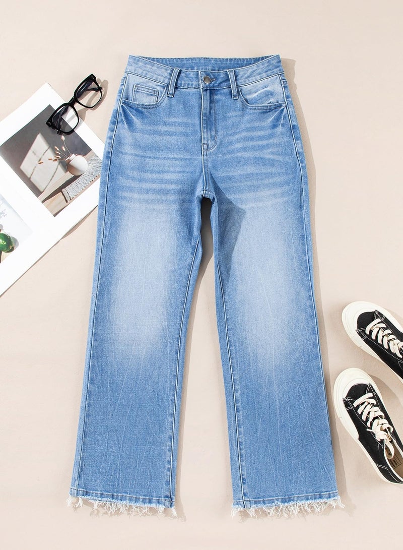 Astylish Womens Pull On Jeans High Waisted Flared Wide Leg Baggy Jean for Women Stretchy Ankle Denim Pants Size 12 Ashleigh Blue - Image 5