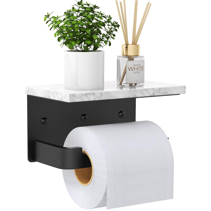 Gypie Toilet Paper Holder with Shelf Extended Base Wall Mounted Marble Toilet Roll Holder Black for Bathroom Washroom