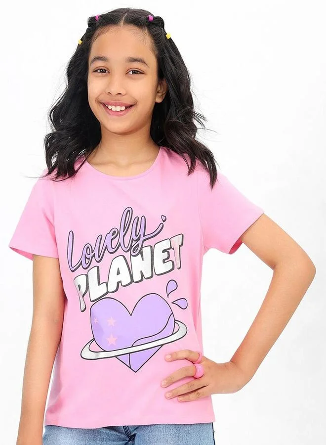 بونكيدز Regular Fit Printed Pink Cotton T-Shirt For Girls Round Neck Flat Collar Pull On 100 % Cotton