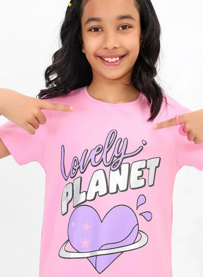 بونكيدز Regular Fit Printed Pink Cotton T-Shirt For Girls Round Neck Flat Collar Pull On 100 % Cotton