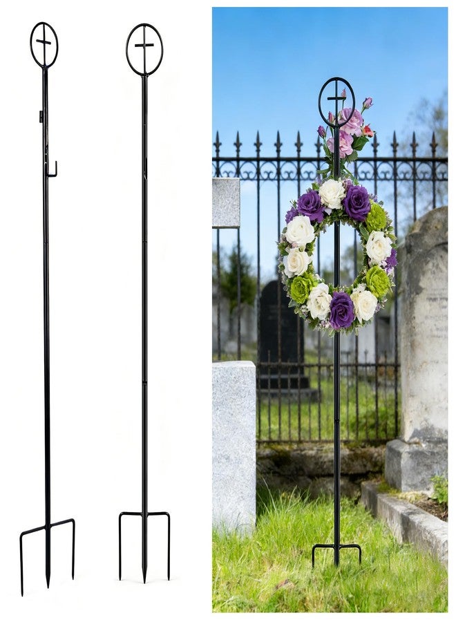 succulentlovers 2PCS Cemetery Wreath Stands, 38" Christmas Metal Wreath Holder Stand with Cross 3 Pronged Decor, Gravestone Wreath Hanger Headstone Flower Holder for Xmas Memorial Day Graveside Decor - Image 1