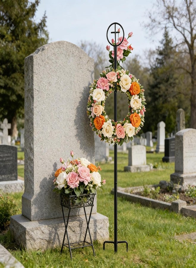 succulentlovers 2PCS Cemetery Wreath Stands, 38" Christmas Metal Wreath Holder Stand with Cross 3 Pronged Decor, Gravestone Wreath Hanger Headstone Flower Holder for Xmas Memorial Day Graveside Decor - Image 5