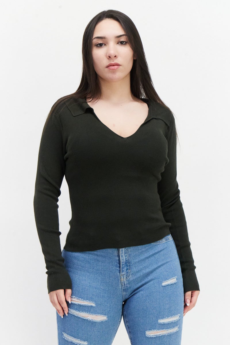 French Connection Women V-Neck Textured Sweater, Olive - Image 1